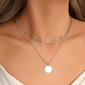 Silver Circle Pendant Layered Necklace